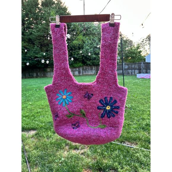 Handmade Felted Wool Knit Bucket Bag Pink Floral Embroidered Boho Purse Tote - Picture 3 of 9